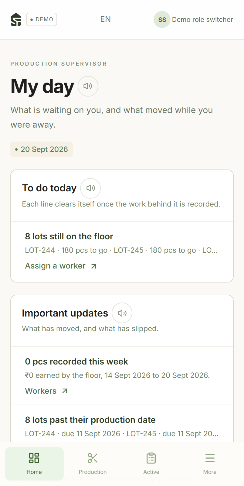 The production supervisor's My day screen on a phone, in English, with the day's tasks stacked in one column.